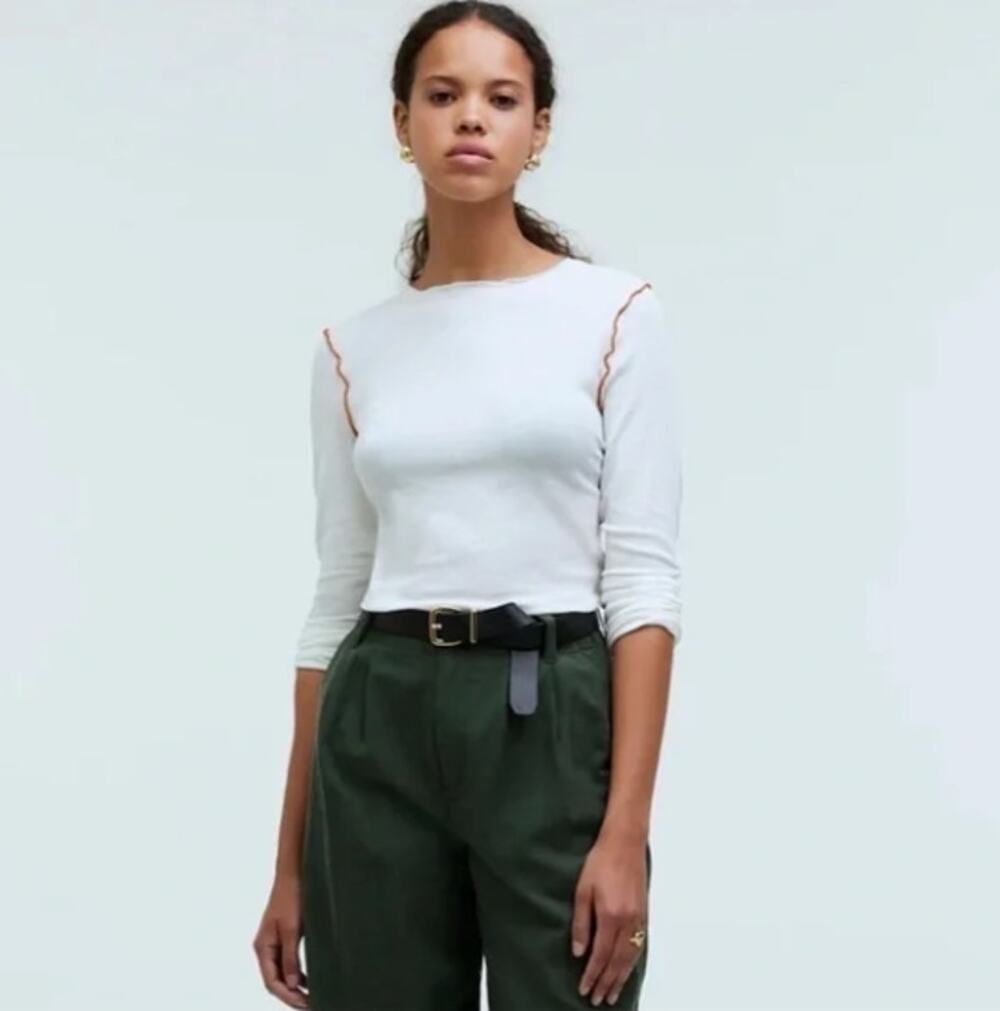 MADEWELL | Cream and brown Crewneck Contrast stitch crop tee | Large